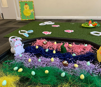 Varies easter props layout out in a hall